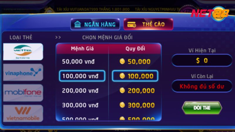 Bí Quyết Rút Tiền NET88 Thành Công 100% Không Lo Mất Thưởng 4 Nhà cái hỗ trợ người dùng quy đổi xu thưởng thành mã thẻ cào với nhiều mệnh giá tiện lợi