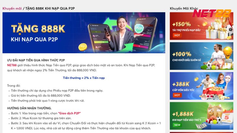 Khuyến mãi Net88 2 Phương thức nạp tiền P2P có thể giúp người chơi nhận thêm 2% số tiền gửi vào ví game