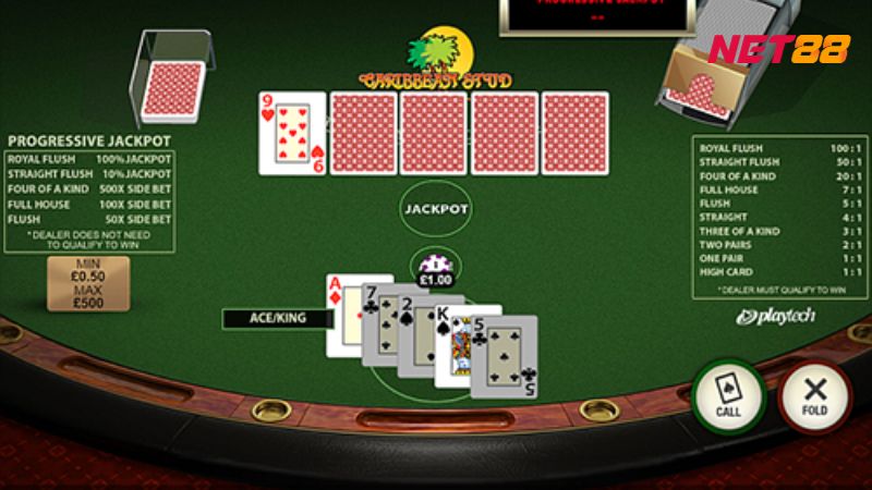 Caribbean Stud là game Poker so trực tiếp 5 lá bài của nhà cái và người chơi tham gia